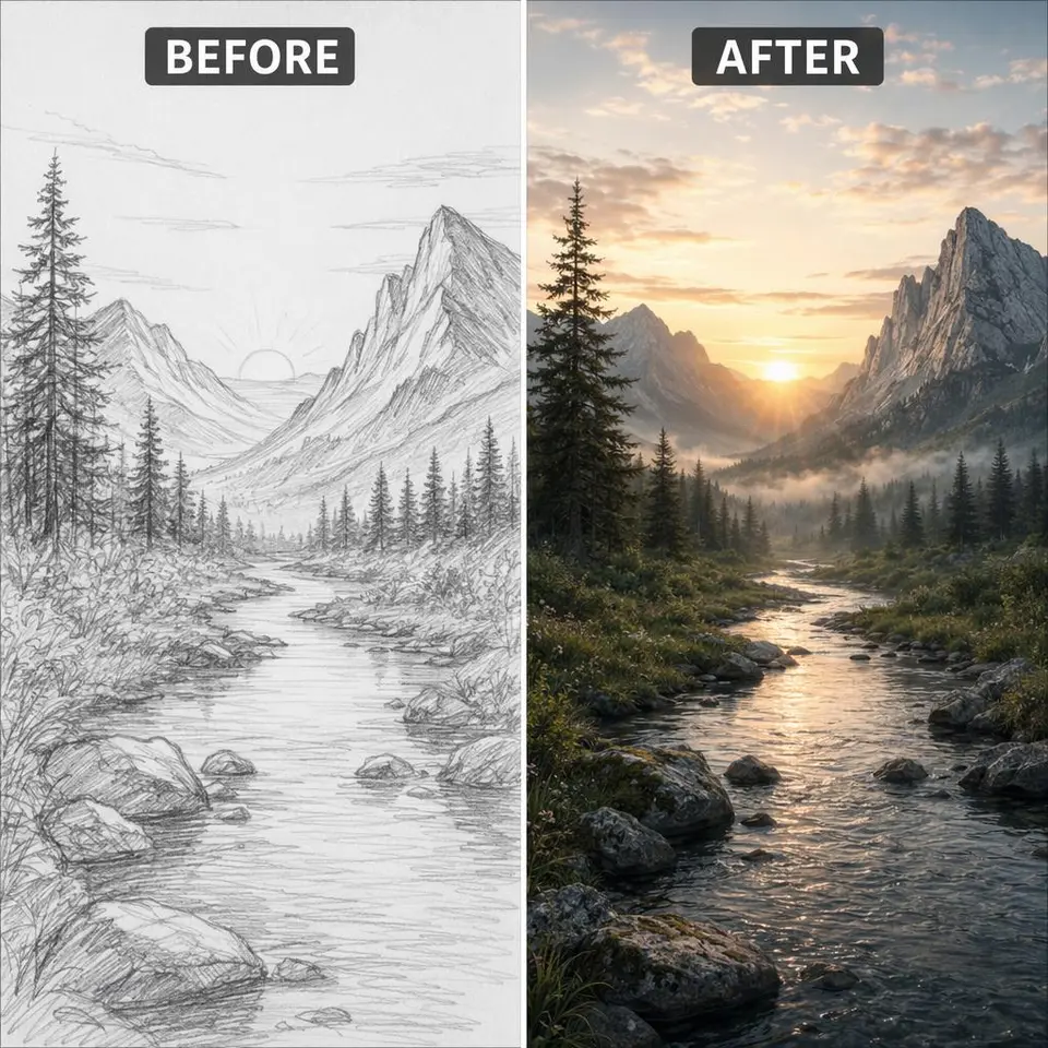 GPT Image 2 sketch to photoreal landscape example