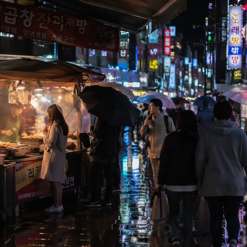 GPT Image 2 generated rainy Seoul night market street photo